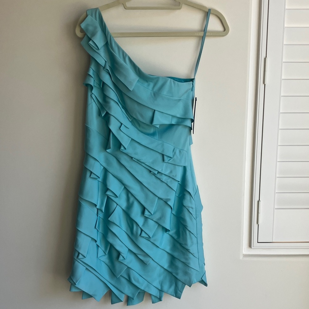 ROBERT RODRIGUEZ Aqua One-Shoulder Layered Mini Dress Women’s Size 4 NWT